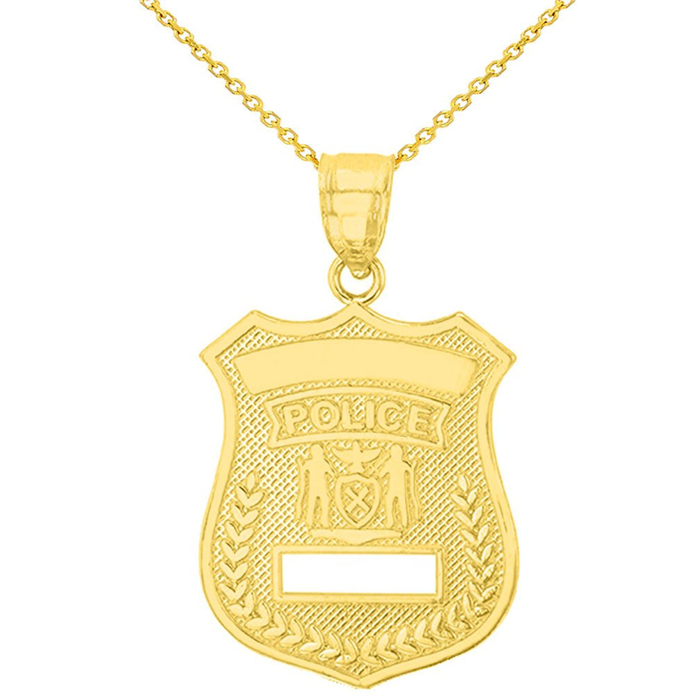 Solid 14K Yellow Gold Police Officer Badge Charm Pendant Necklace