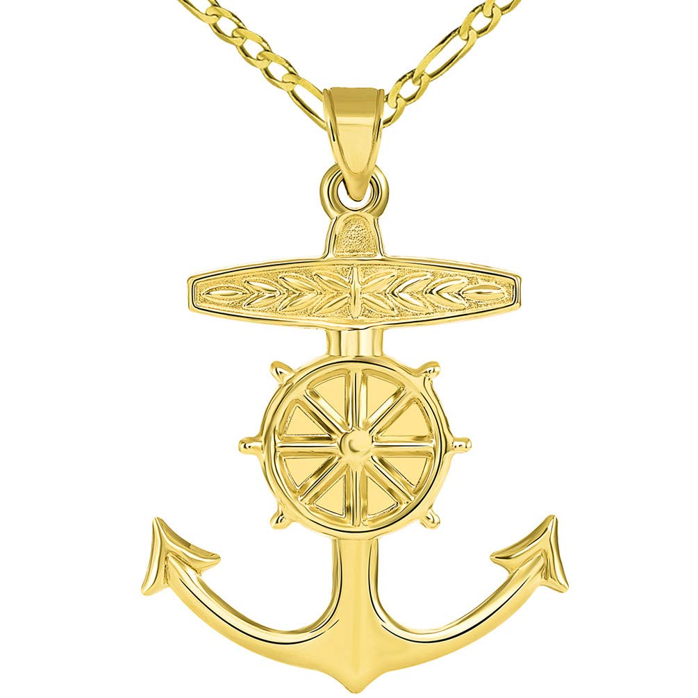 14k Gold 3D Ship Anchor and Wheel Nautical Pendant Figaro Necklace - Yellow Gold