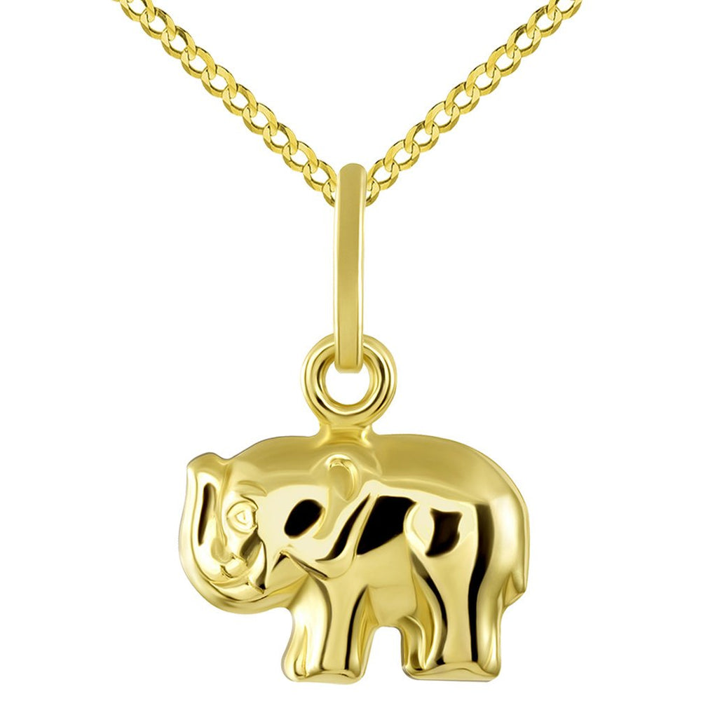 14K Yellow Gold Mini Elephant Charm Feng Shui Symbol Pendant with Cuban Chain Necklace