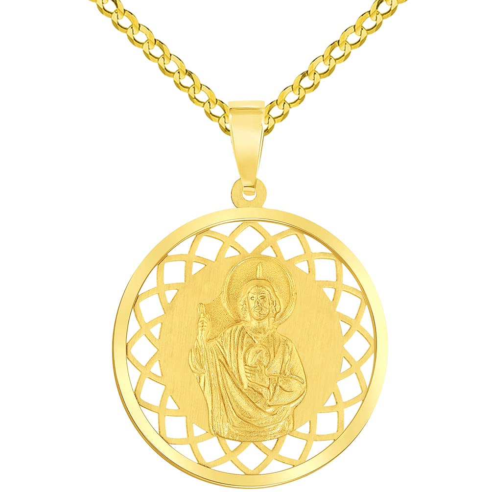 14k Yellow Gold Round Open Ornate Miraculous Medal of Saint Jude Thaddeus the Apostle Pendant Cuban Chain Curb Necklace