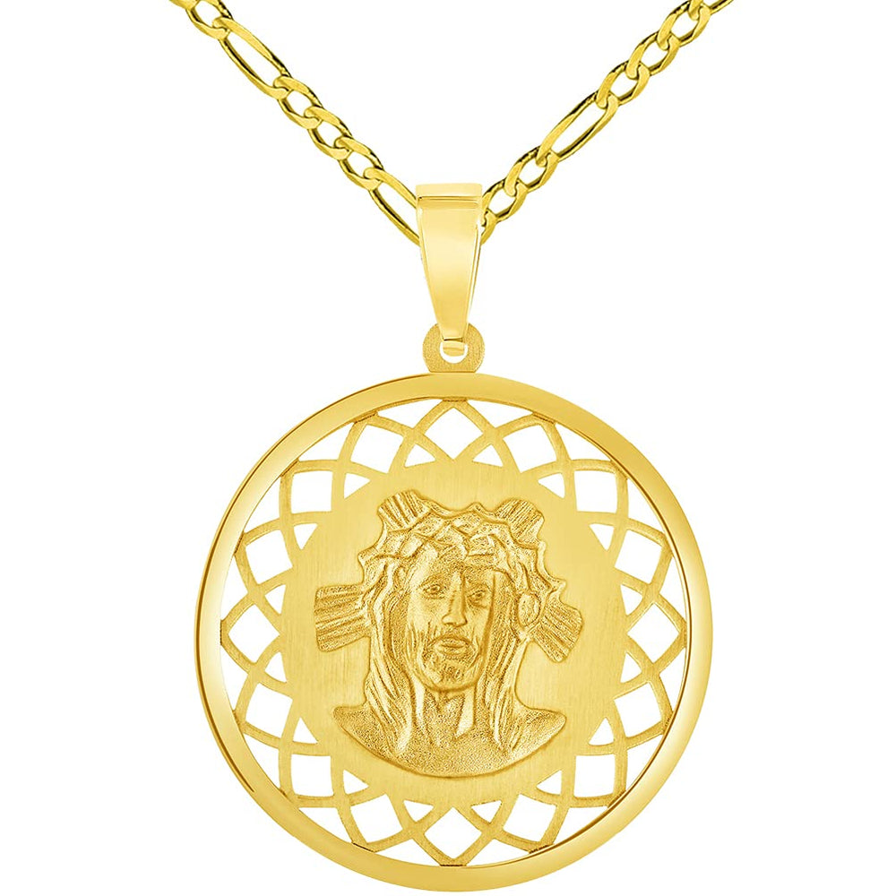 14k Yellow Gold Holy Face of Jesus Christ On Round Open Ornate Miraculous Medal Pendant with Figaro Chain Necklace