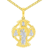 Load image into Gallery viewer, Solid 14K Yellow Gold Textured Celtic Cross Charm with Saints Pendant Cuban Chain Necklace

