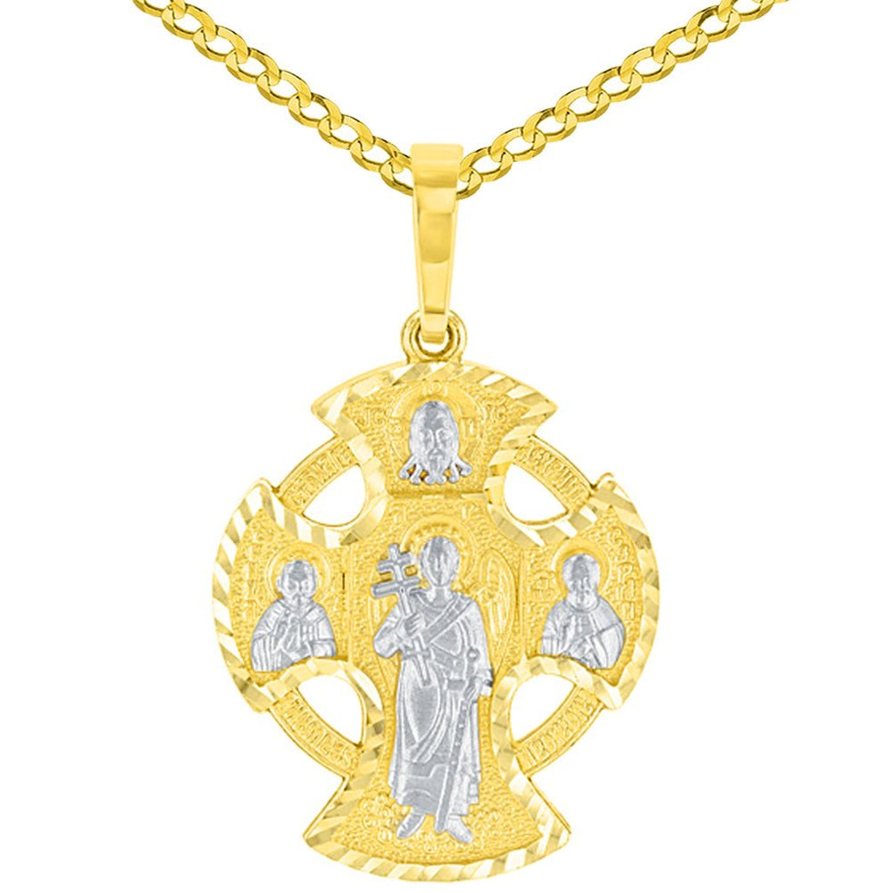 Solid 14K Yellow Gold Textured Celtic Cross Charm with Saints Pendant Cuban Chain Necklace