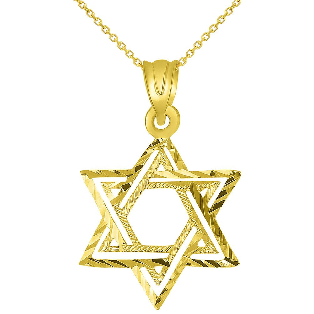 Solid 14K Yellow Gold Textured Hebrew Star of David Pendant Necklace