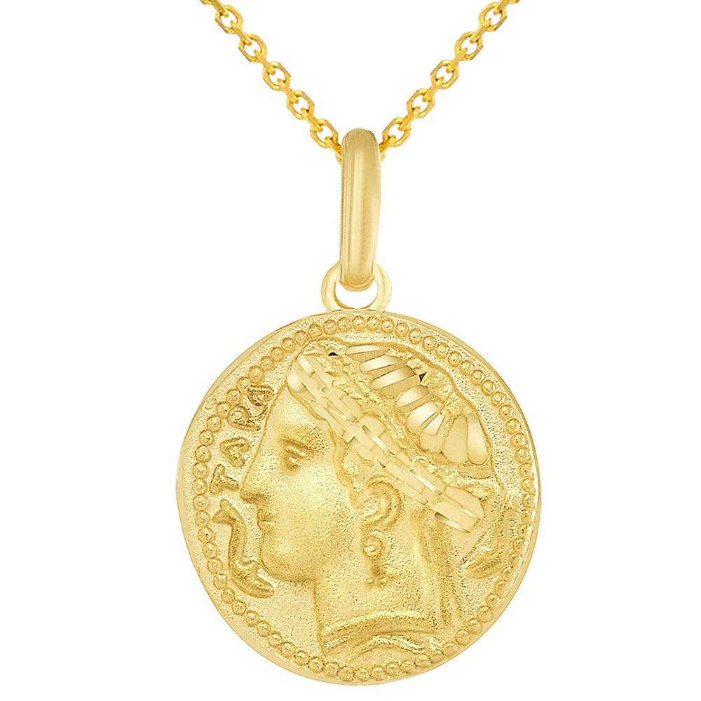 Solid 14 karat Yellow Gold Greek Arethusa Charm Calabria Taranto Pendant Necklace