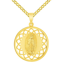 Load image into Gallery viewer, 14k Yellow Gold Round Open Ornate Miraculous Medal of Our Lady of Guadalupe Pendant with Cuban Chain Curb Necklace
