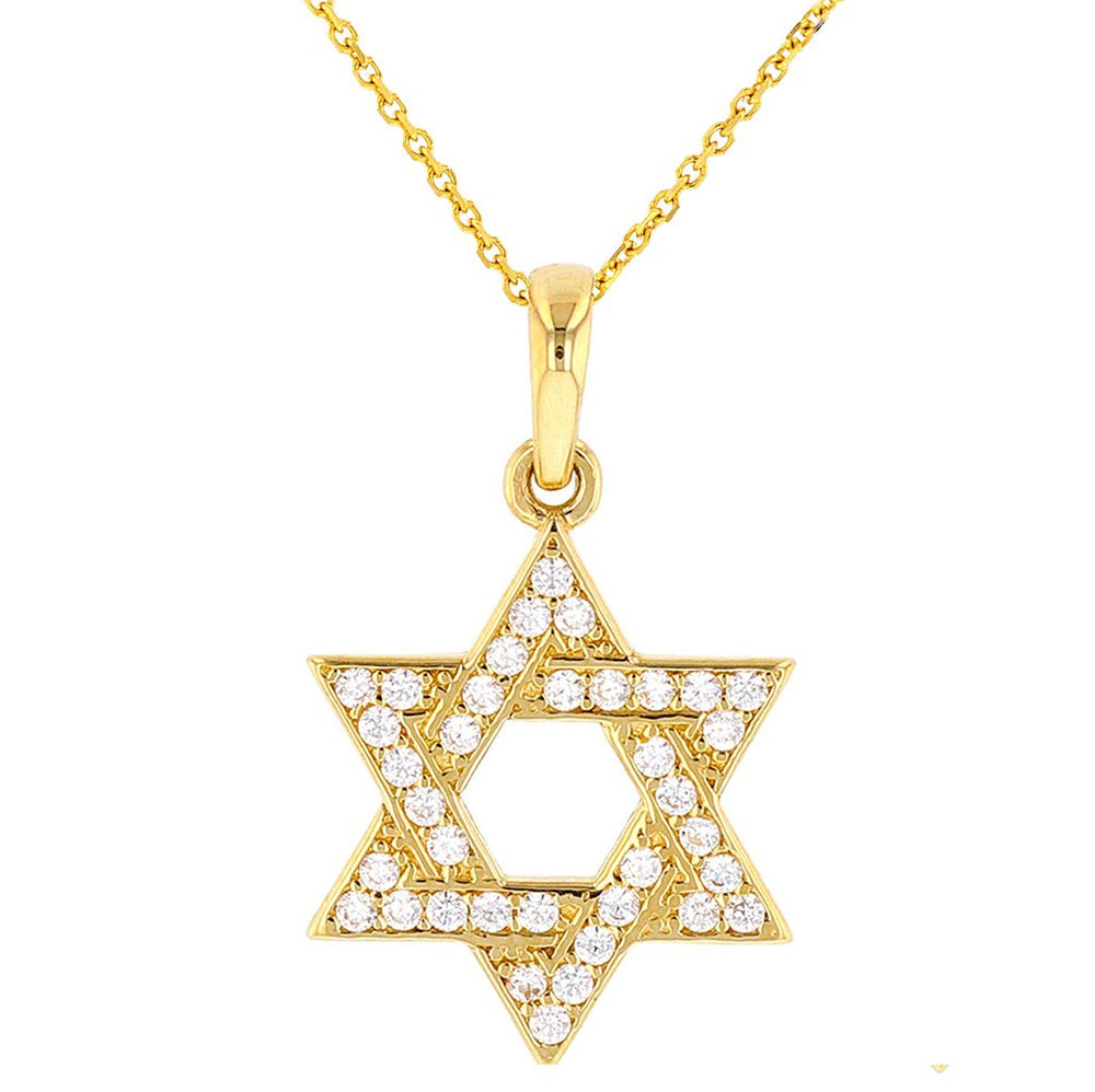 Jewelry America Polished 14K Gold Simple Jewish Star of David with Cubic Zirconia Charm Pendant