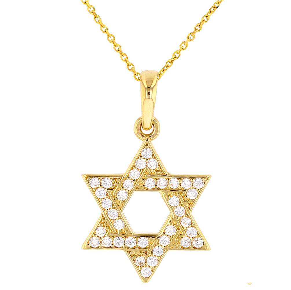 Jewelry America Polished 14K Gold Simple Jewish Star of David with Cubic Zirconia Charm Pendant
