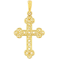 Load image into Gallery viewer, 14k Yellow Gold Textured Filigree Eastern Orthodox Cross Pendant Necklace
