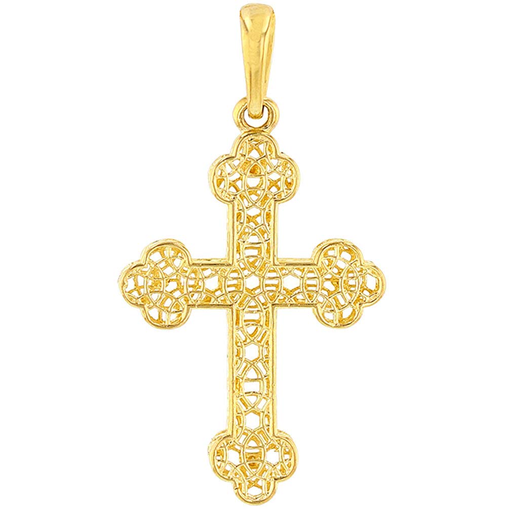 14k Yellow Gold Textured Filigree Eastern Orthodox Cross Pendant (Medium)