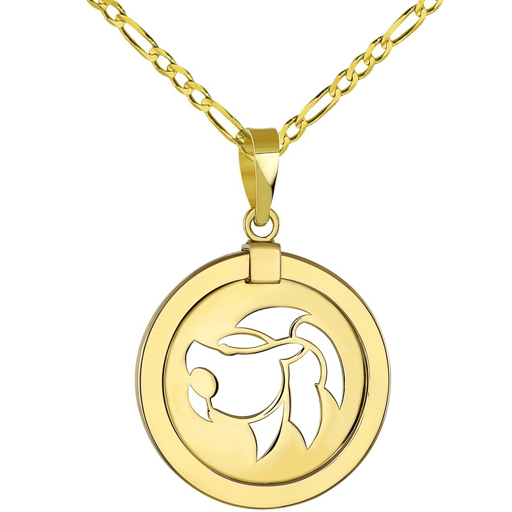 14K Yellow Gold Reversible Round Lion Leo Zodiac Sign Pendant with Figaro Chain Necklace