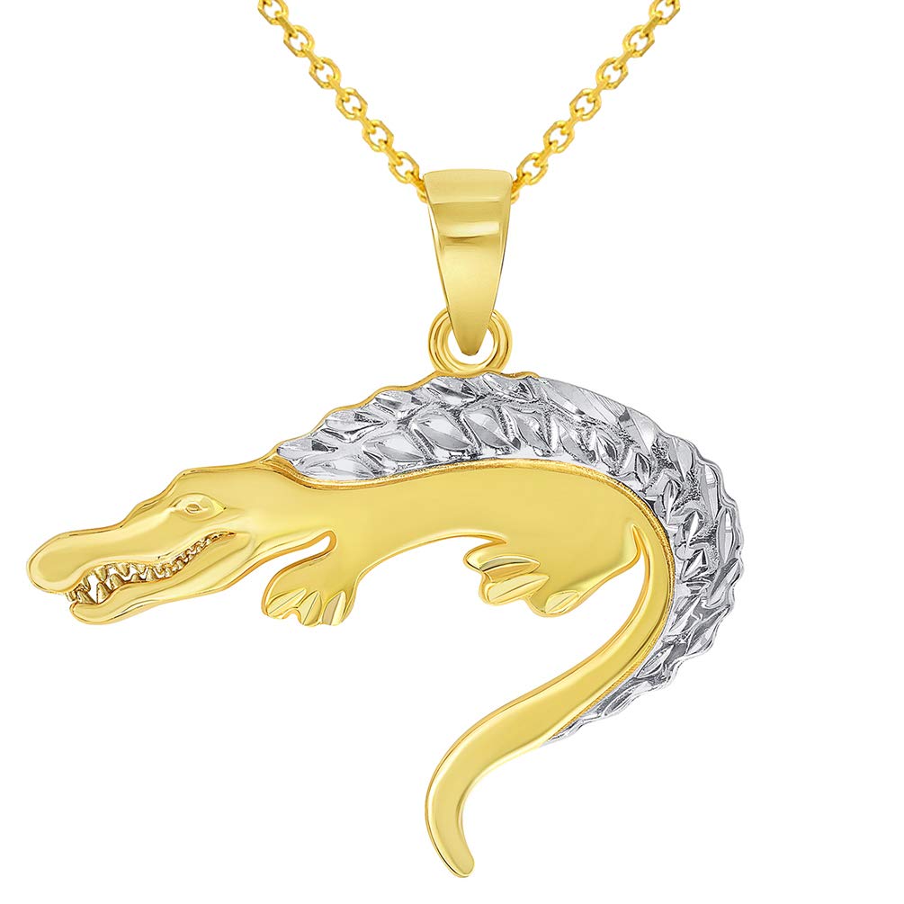 14k Yellow Gold Textured Two Tone Crocodile Reptile Animal Pendant Necklace