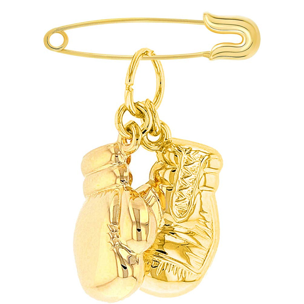High Polish 14k Yellow Gold 3D Boxing Gloves Charm Sports Pendant with Safety Pin Brooch