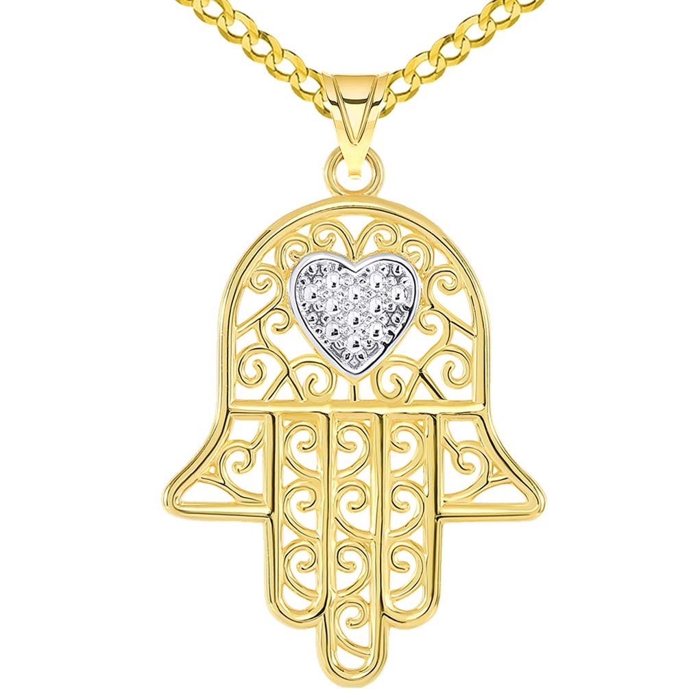 Solid 14k Yellow Gold Filigree-Style Hamsa Hand with Heart Pendant Curb Chain Necklace
