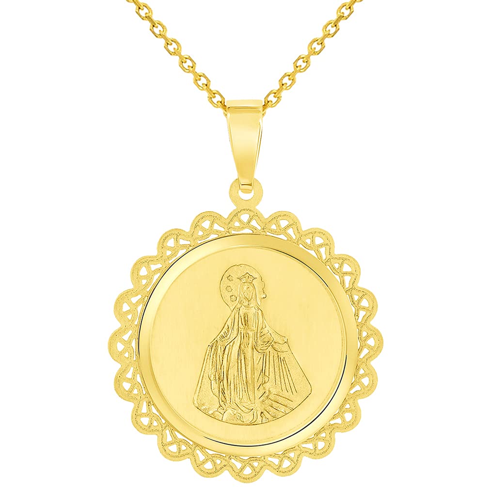 14k Yellow Gold Round Ornate Miraculous Medal of Virgin Mary Pendant Necklace