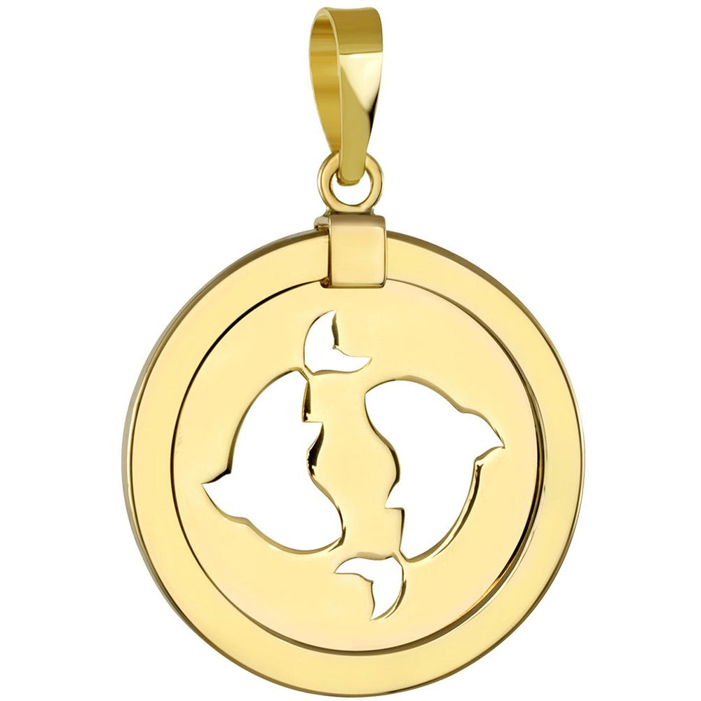 14K Gold Reversible Round Pisces Zodiac Sign Pendant - Yellow Gold