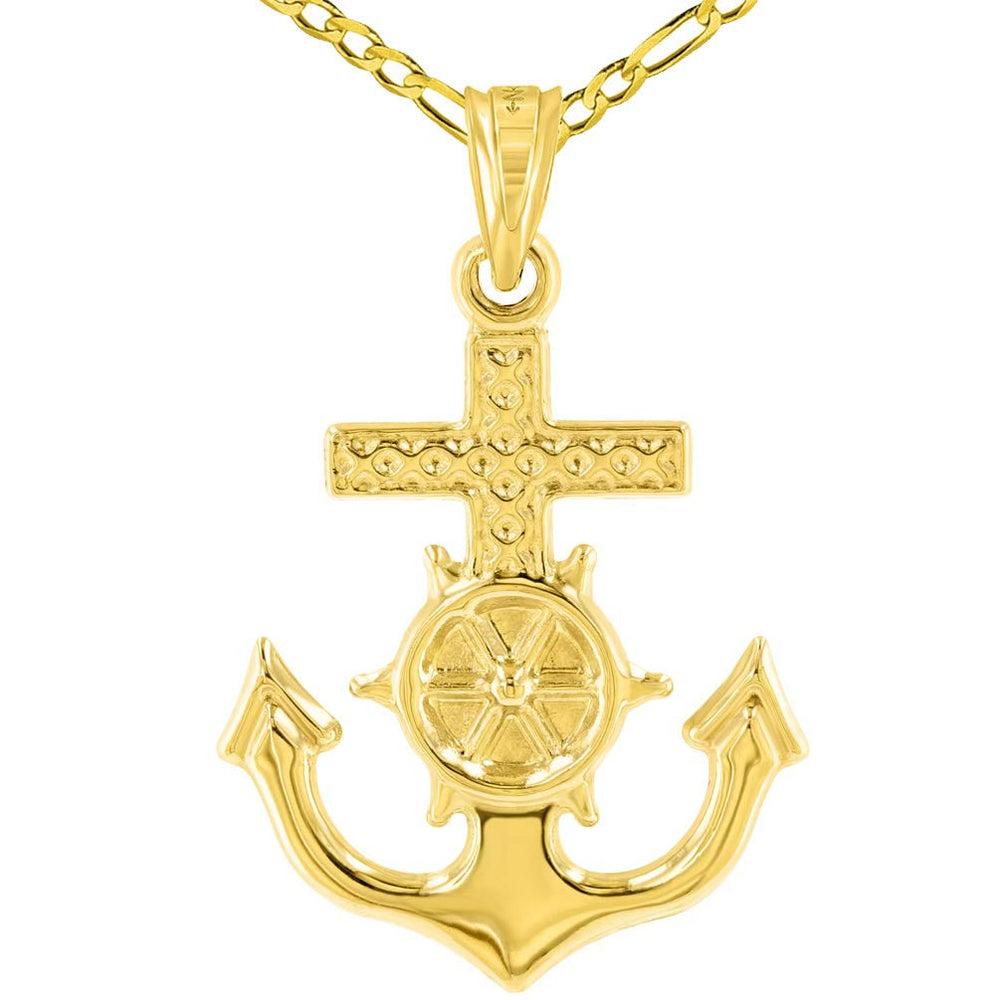 Polished 14K Yellow Gold Anchor Charm with Mariner's Cross Nautical Pendant Figaro Necklace