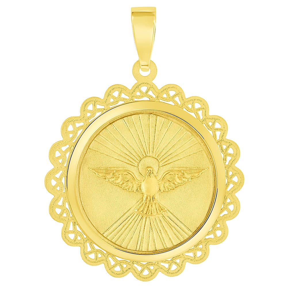 14k Yellow Gold Holy Spirit Dove Religious Round Ornate Medal Pendant (1")