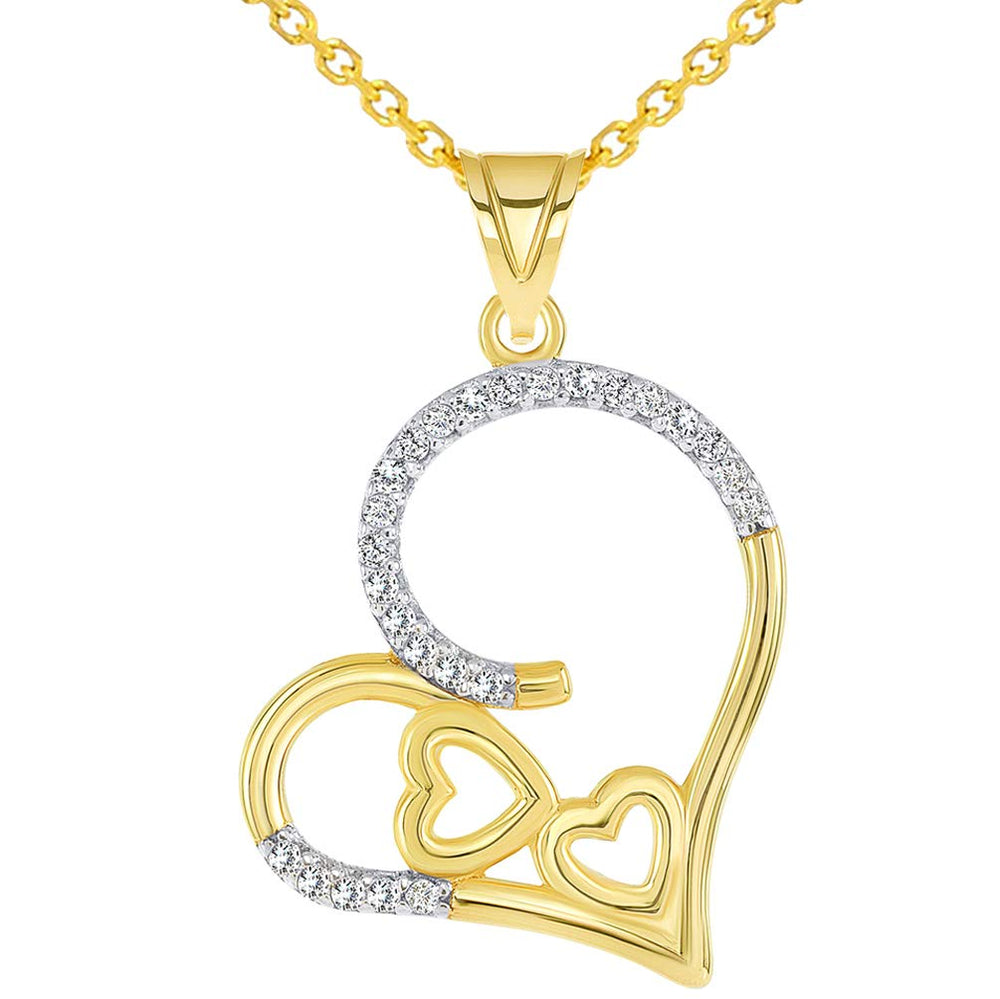 14k Yellow Gold Cubic Zirconia Fancy and Elegant Three Open Hearts Pendant Necklace