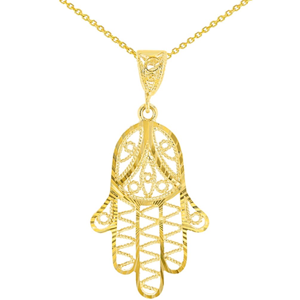 Solid 14K Yellow Gold Filigree Hamsa Charm Textured Hand of God Pendant Necklace