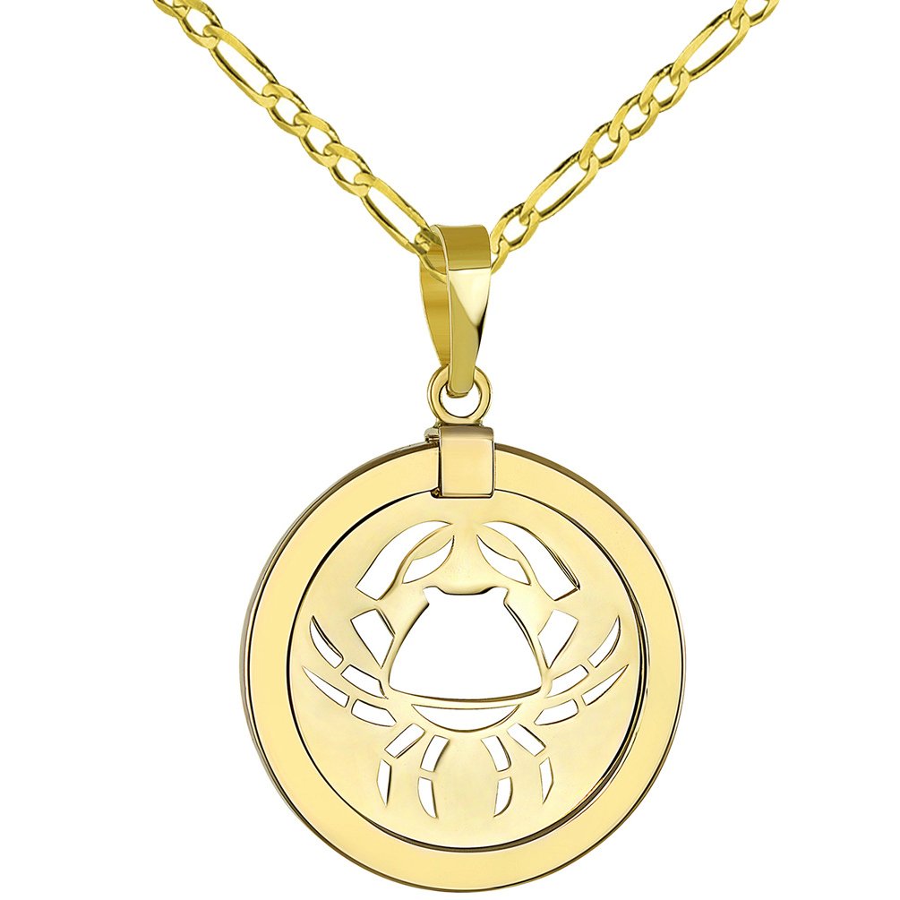14K Yellow Gold Reversible Round Cancer Crab Zodiac Sign Pendant with Figaro Chain Necklace