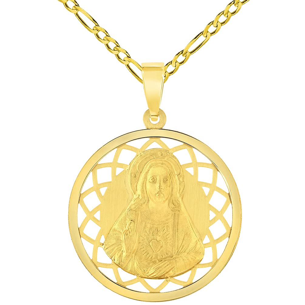 14k Yellow Gold Sacred Heart of Jesus Christ On Round Open Ornate Miraculous Medal Pendant Figaro Chain Necklace