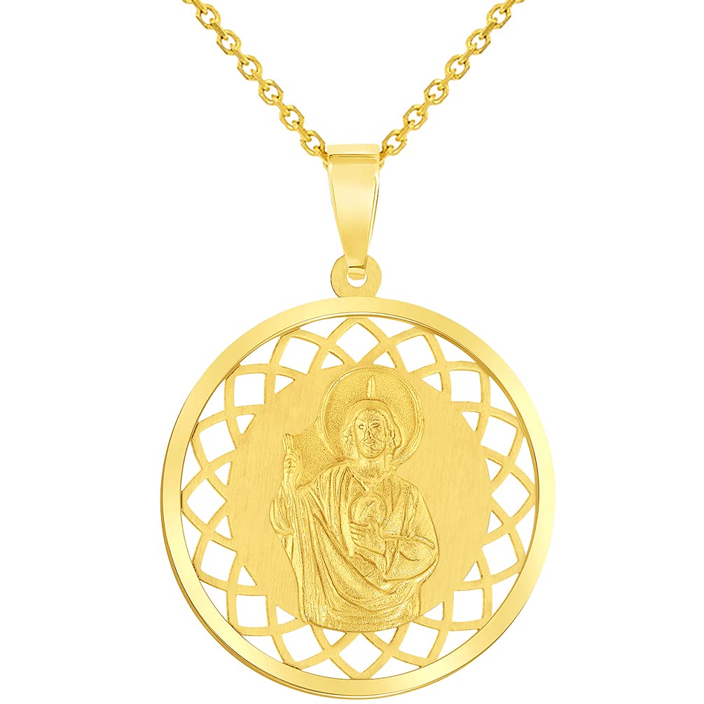 14k Yellow Gold Round Open Ornate Miraculous Medal of Saint Jude Thaddeus the Apostle Pendant Necklace