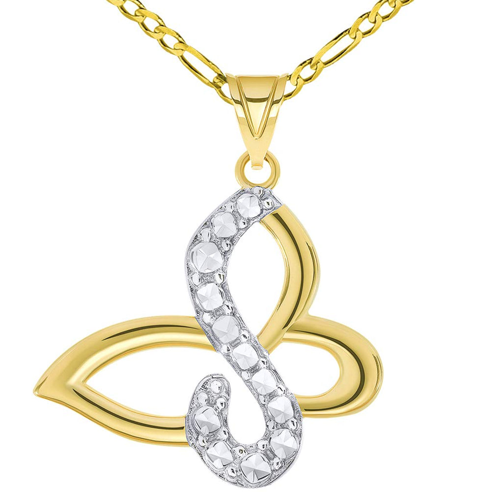 14k Yellow Gold High Polished and Sparkle Cut Two-Tone Infinity Butterfly Pendant Figaro Chain Necklace