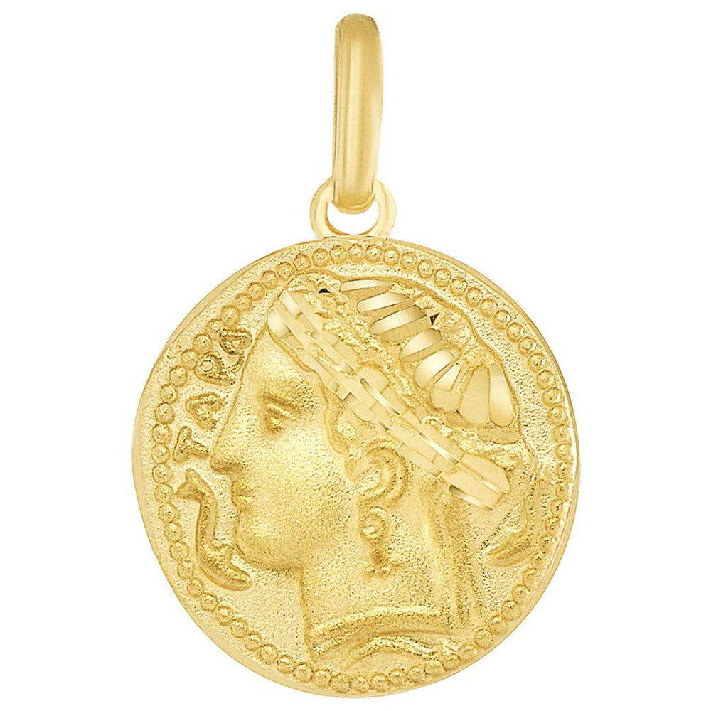 Solid 14k Yellow Gold Greek Arethusa Charm Calabria Taranto Pendant