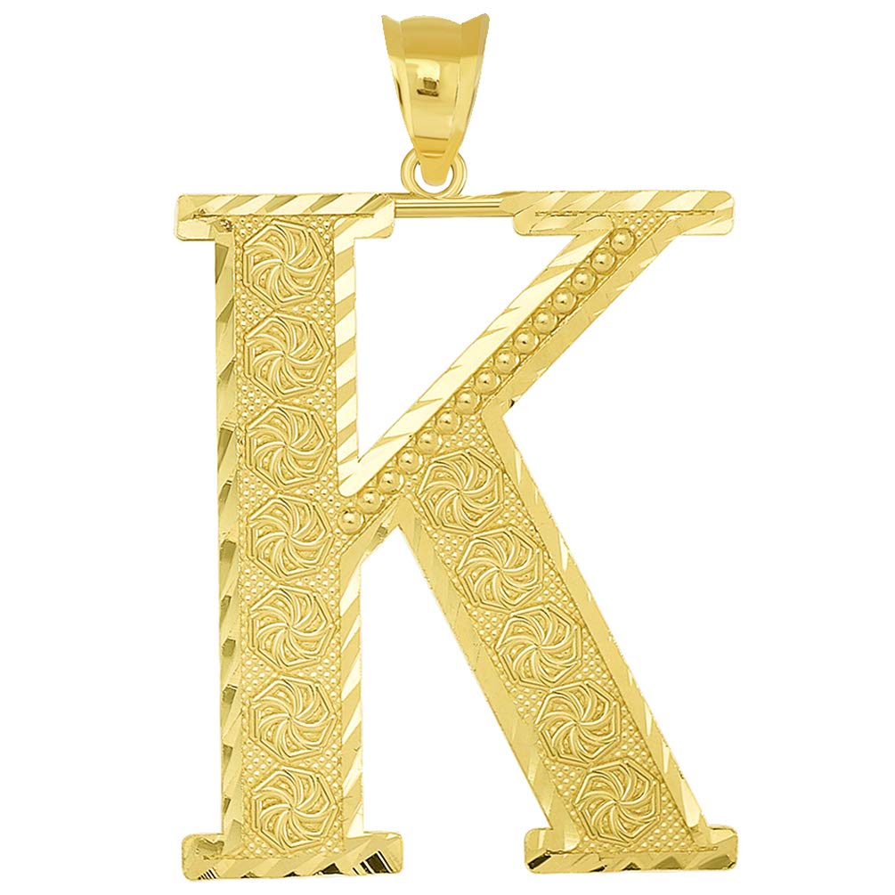 14k Yellow Gold Textured Uppercase Initial K Letter Pendant with Eternity Symbols 1 inch