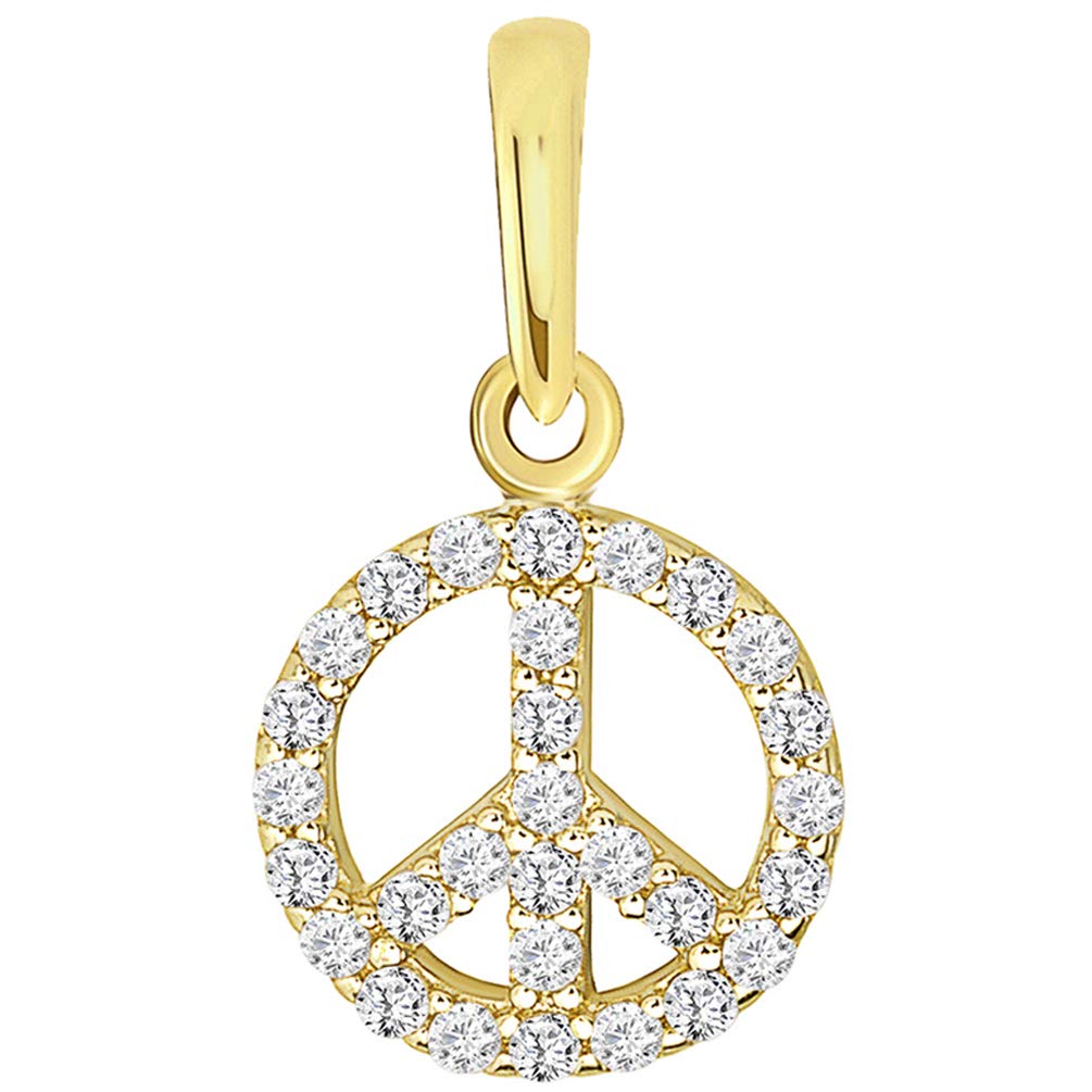 Keys by Jewelry America Solid 14k Yellow Gold Small Peace Symbol Charm Pendant with Cubic Zirconia