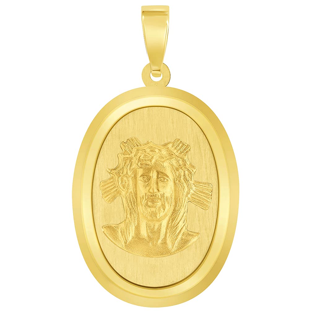 14k Yellow Gold Holy Face of Jesus Christ On Oval Miraculous Medal Pendant (1")