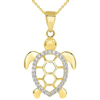 Load image into Gallery viewer, 14k Yellow Gold CZ Open Shell Sea Turtle Good Luck Pendant Necklace
