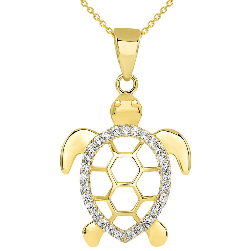 14k Yellow Gold CZ Open Shell Sea Turtle Good Luck Pendant Necklace