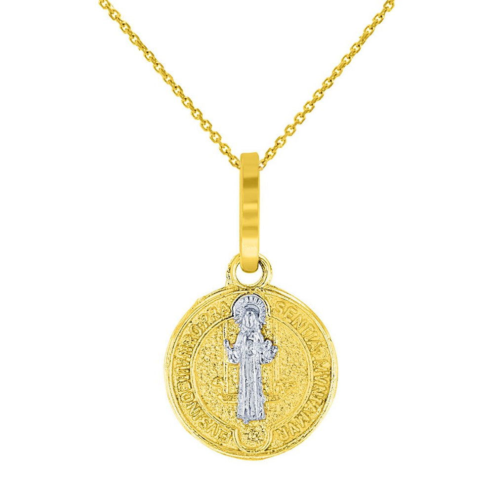 Solid 14K Yellow Gold St Benedict Medal Religious Saint Charm Pendant Necklace