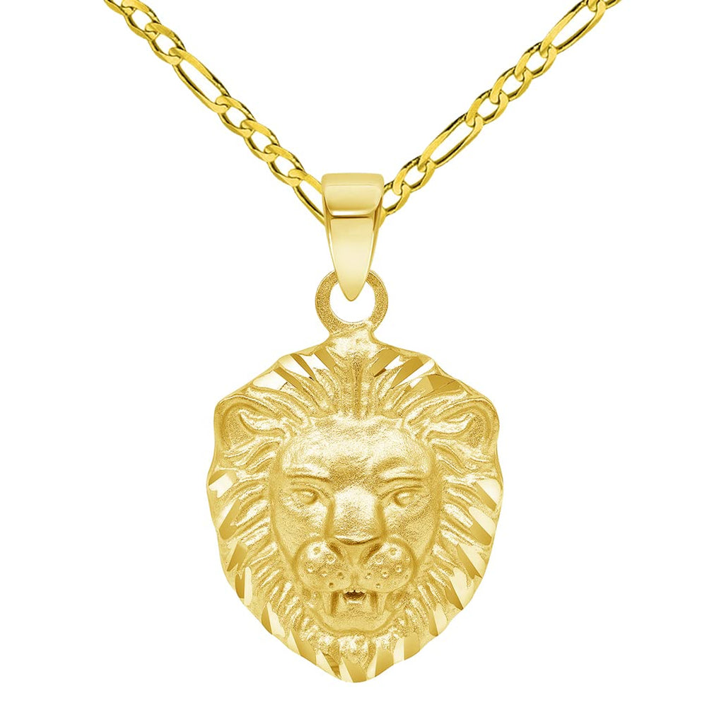 14k Yellow Gold Mini Lion Head Charm Animal Pendant with Figaro Chain Necklace