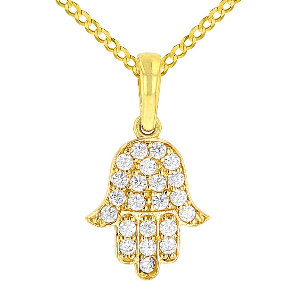 Solid 14K Yellow Gold Cubic Zirconia Hamsa Hand of Fatima Charm Pendant with Cuban Chain Necklace