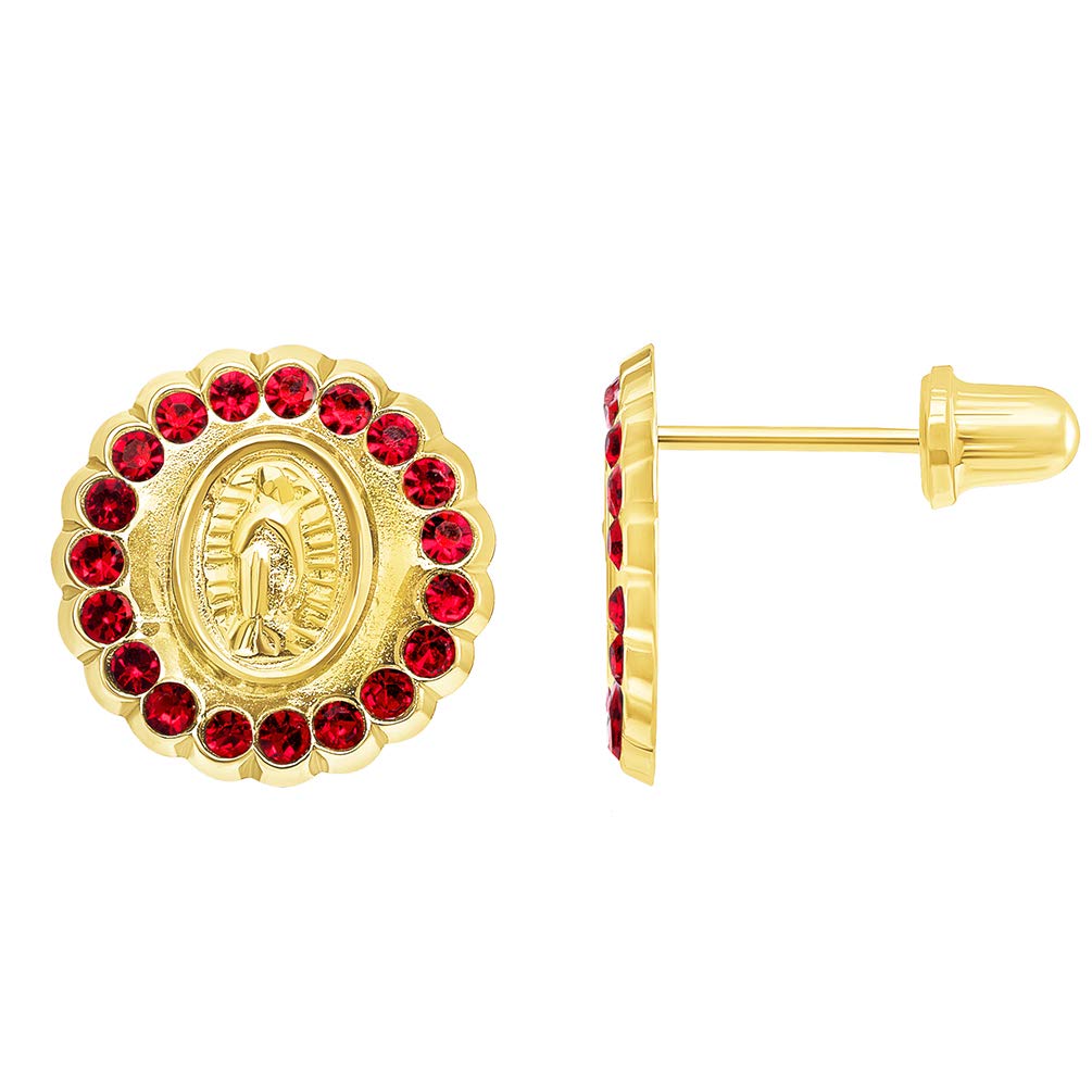 14k Yellow Gold Red Cubic Zirconia Round Our Lady Of Guadalupe Stud Earrings with Screw Back