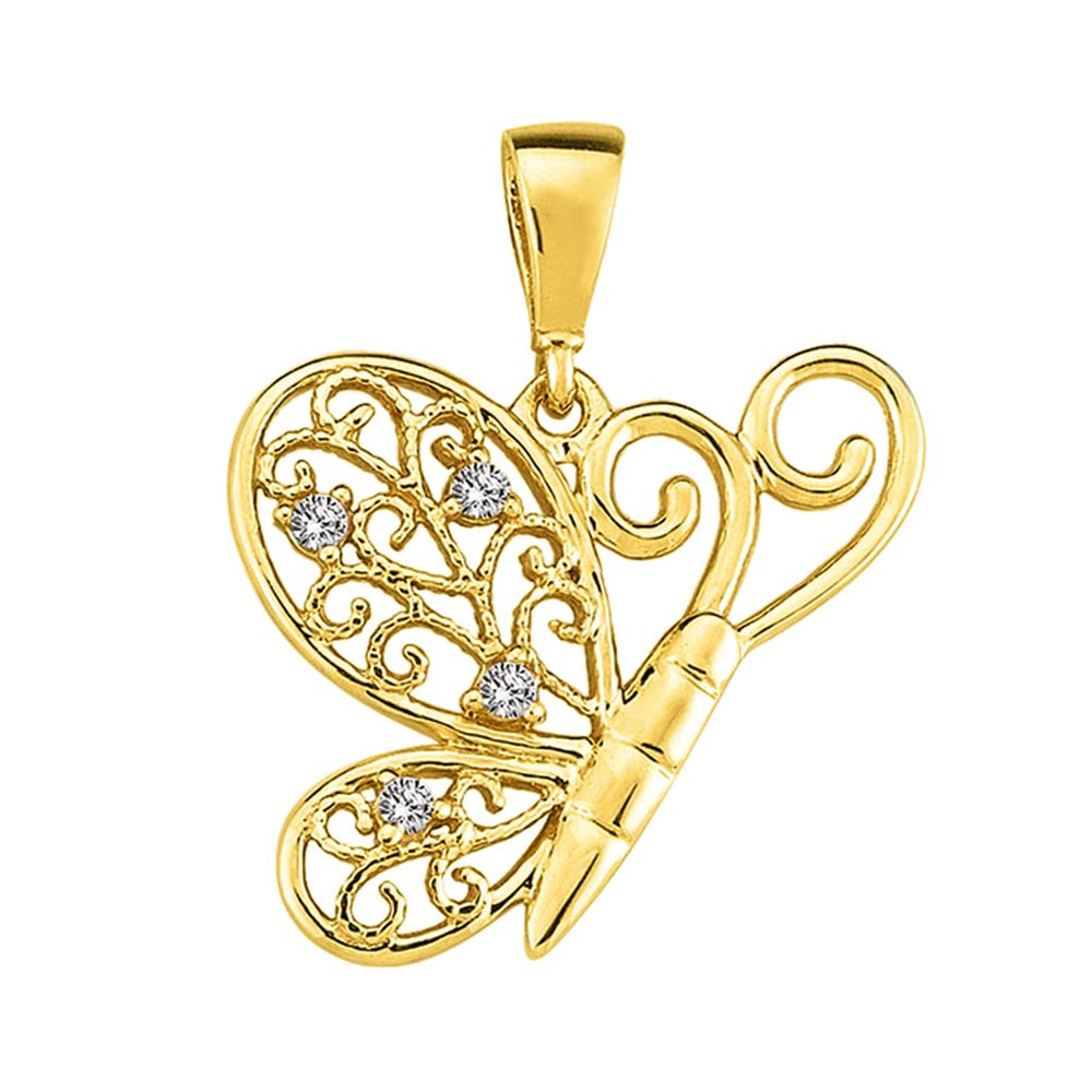 14k Yellow Gold Cubic-Zirconia Filigree Wing Flying Butterfly Pendant