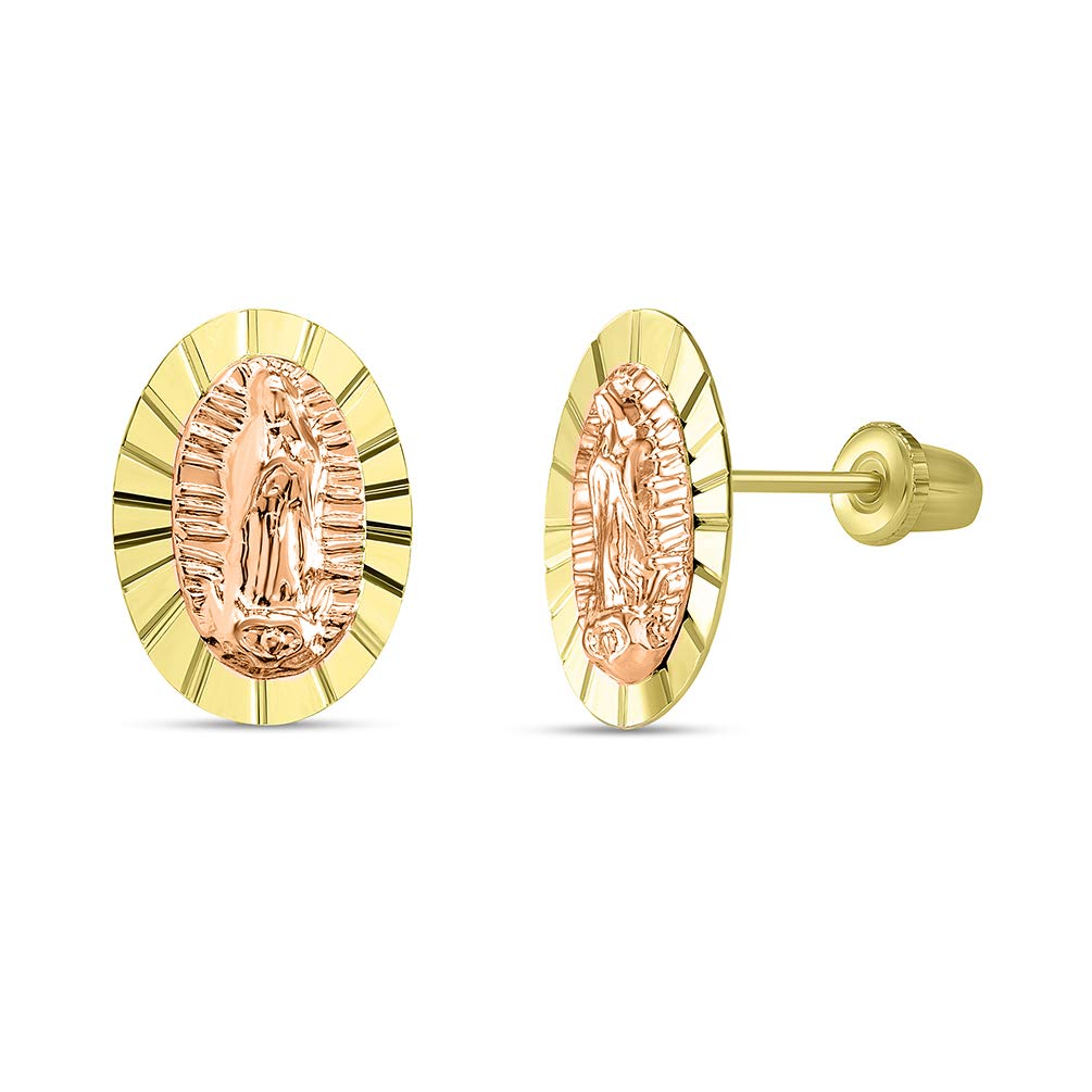 Added 14k Yellow and Rose Gold Textured Oval Our Lady Of Guadalupe Stud Earrings with Screw Back