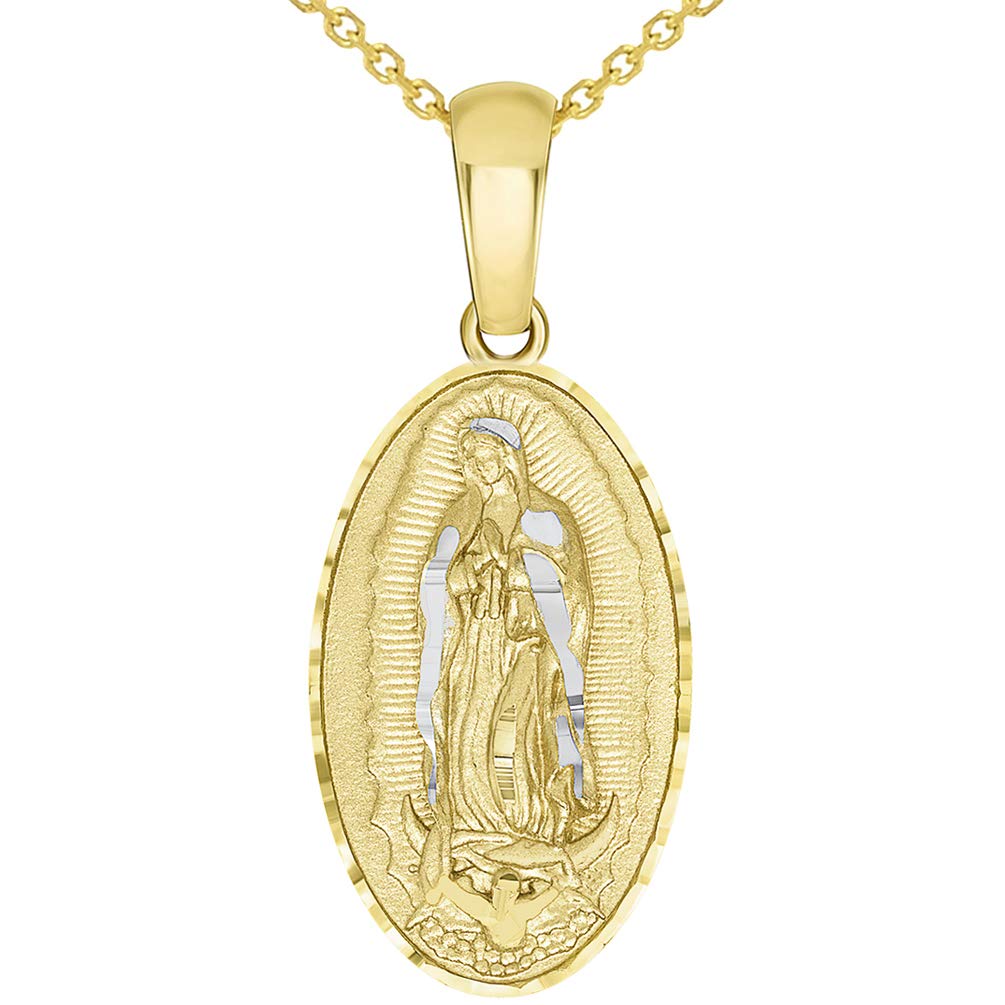 14k Yellow Gold Traditional Virgin of Guadalupe Oval Medal Pendant with Rolo Chain Necklace