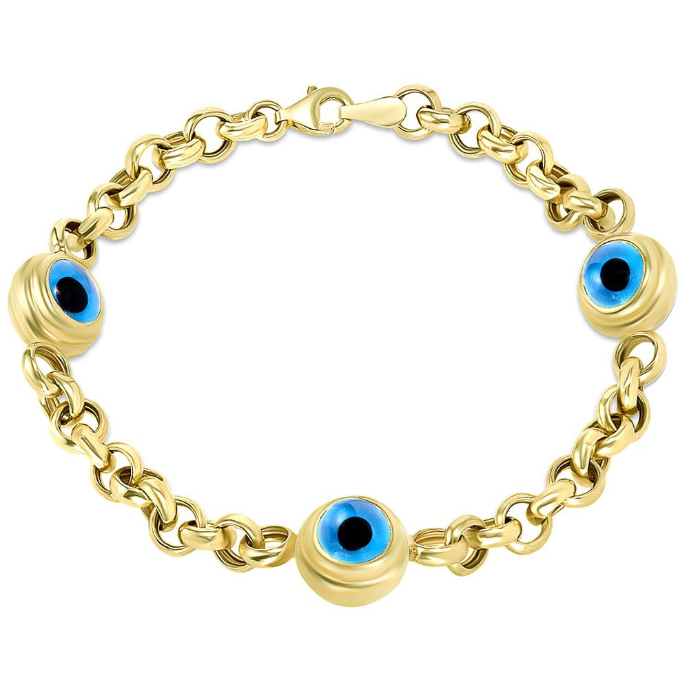 14k Solid Yellow Gold Eye of Nazar Blue Evil Eye 5.5mm Rolo Chain Link Bracelet