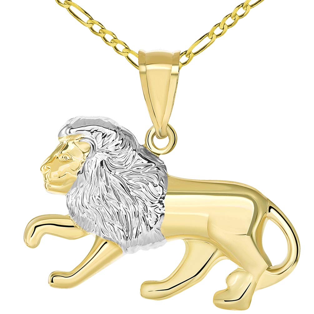 14K High Polish Yellow Gold Lion Pendant Leo Zodiac Sign Charm with Figaro Chain Necklace