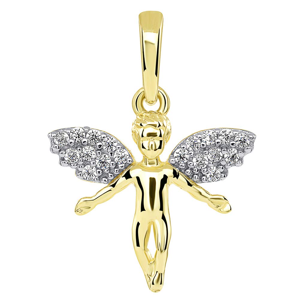 14k Yellow Gold Flying Guardian Angel with Micro Pave CZ Wings Pendant (Small)