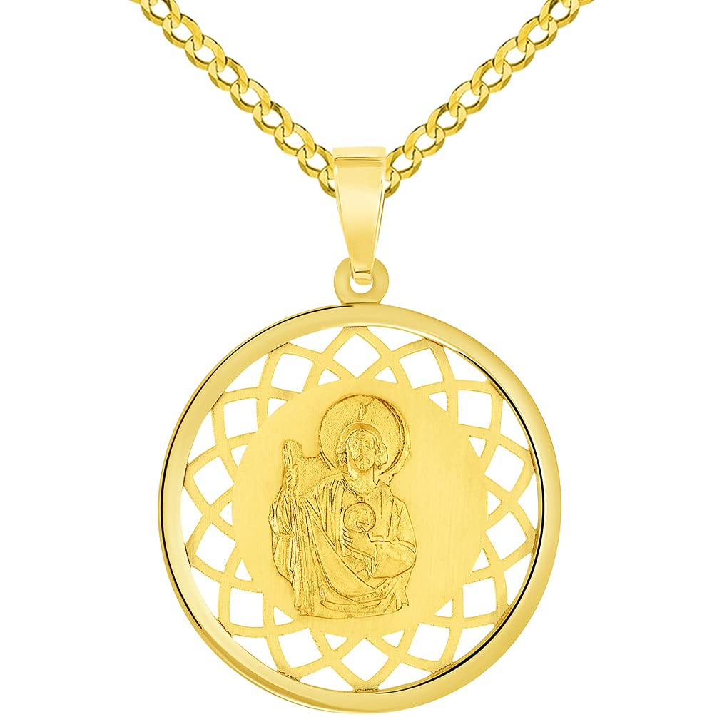 14k Yellow Gold Round Open Ornate Medal of Saint Jude Thaddeus the Apostle Pendant with Cuban Chain Curb Necklace