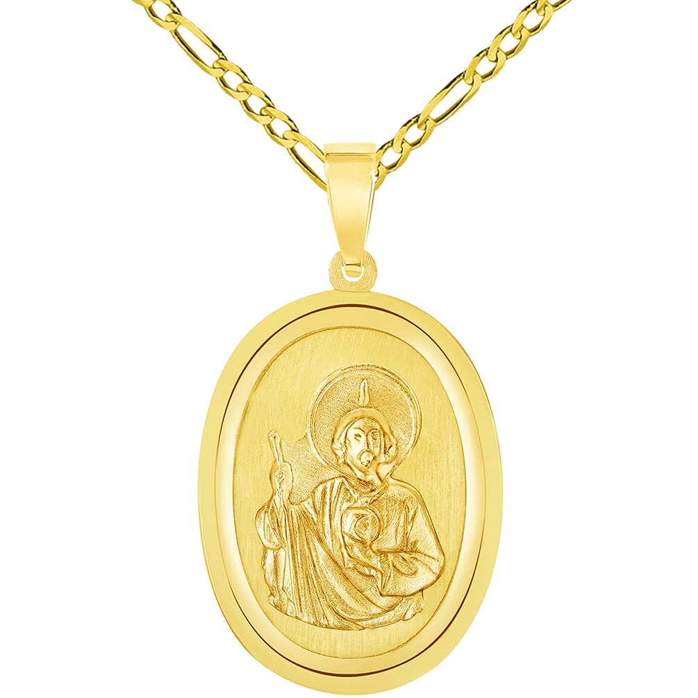 14k Yellow Gold Oval Miraculous Medal of Saint Jude Thaddeus the Apostle Pendant with Figaro Chain Necklace