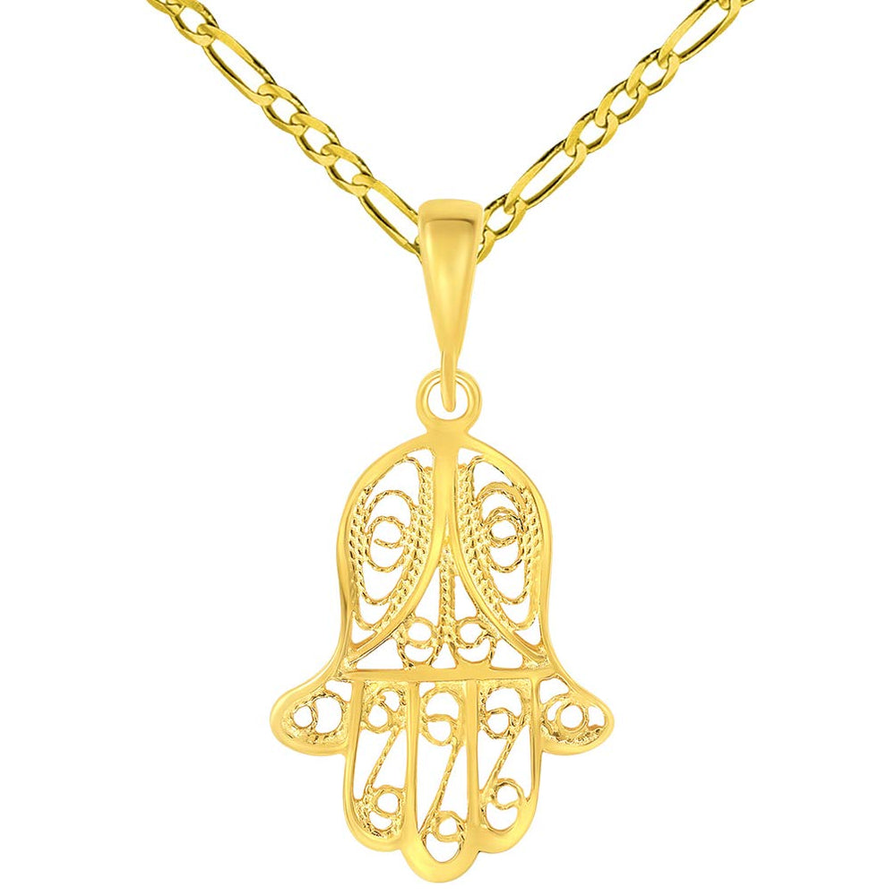 14k Yellow Gold Milgrain Filigree Hamsa Charm Hand of Fatima Pendant with Figaro Chain Necklace