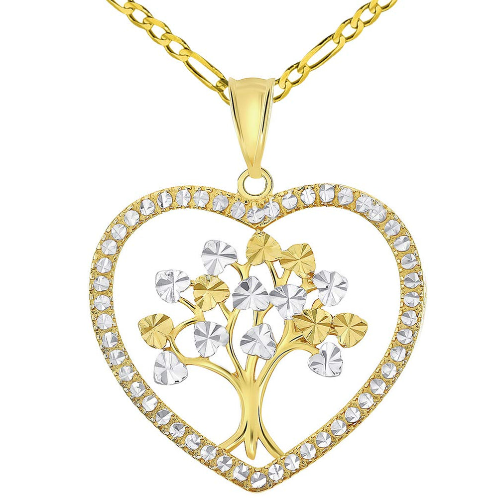 14k Yellow Gold Textured Two Tone Tree of Life Inside Heart Pendant with Figaro Chain Necklace