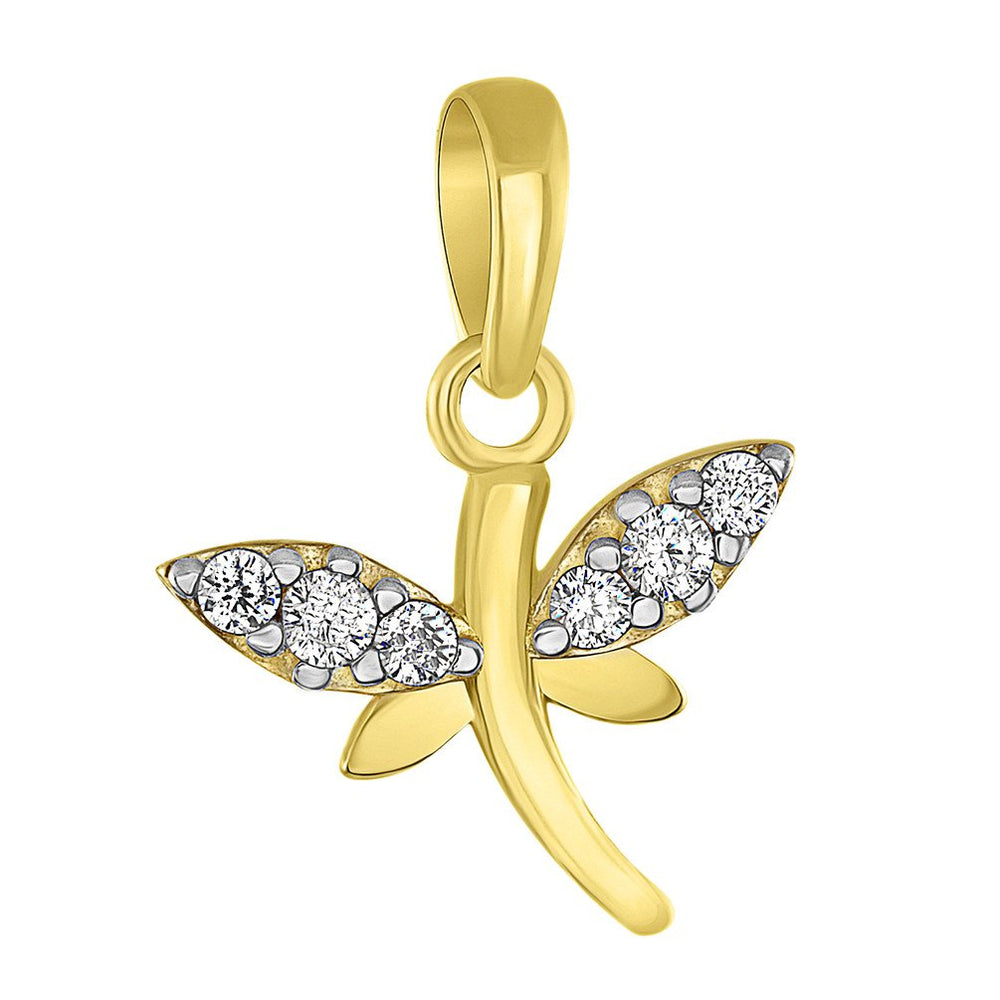Solid 14K Yellow Gold Dainty Dragonfly Charm Spiritual Animal Pendant with Cubic Zirconia Gemstones