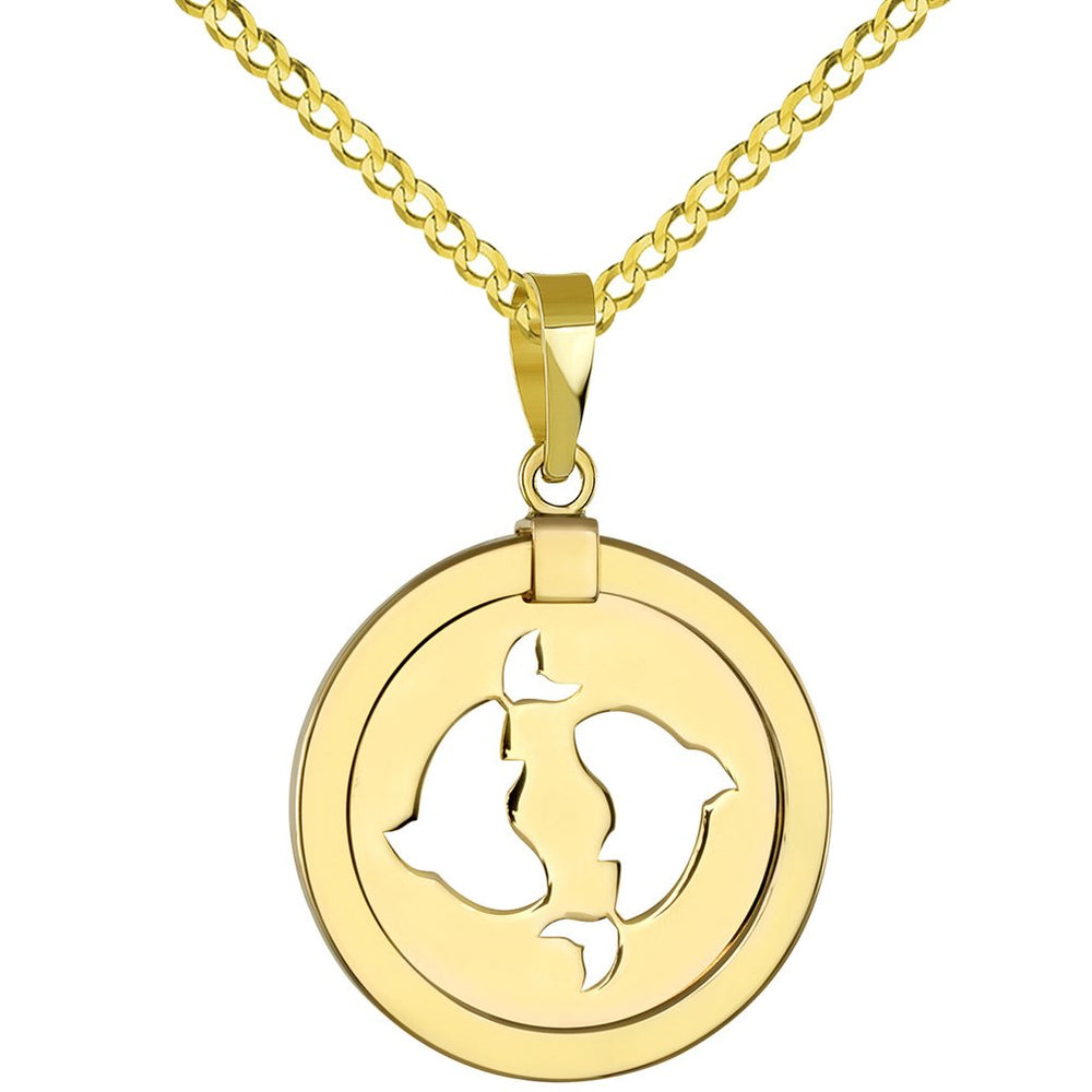 14K Gold Reversible Round Pisces Zodiac Sign Pendant with Cuban Chain Necklace - Yellow Gold